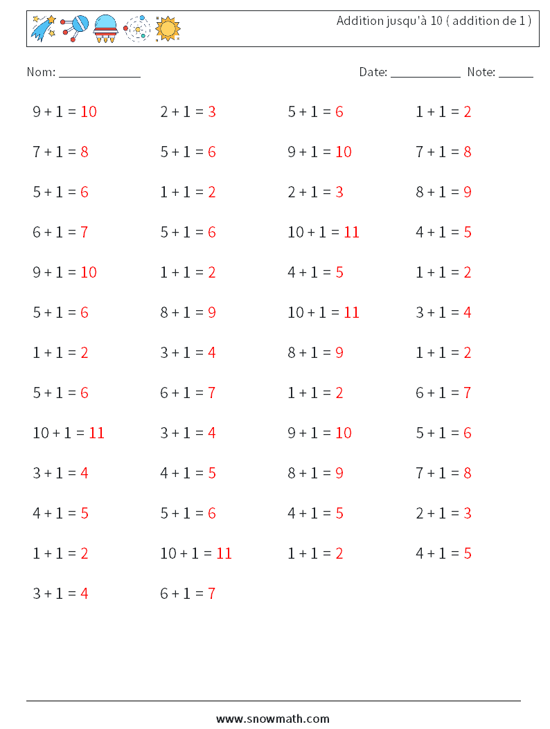 (50) Addition jusqu'à 10 ( addition de 1 ) Fiches d'Exercices de Mathématiques 6 Question, Réponse