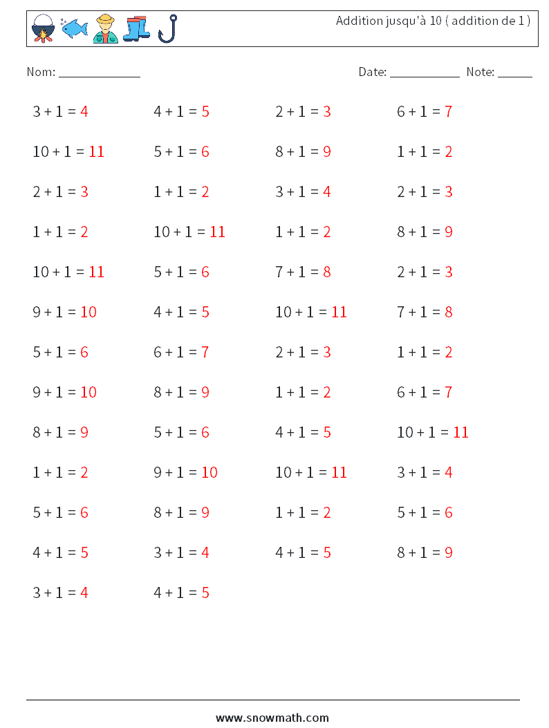(50) Addition jusqu'à 10 ( addition de 1 ) Fiches d'Exercices de Mathématiques 7 Question, Réponse