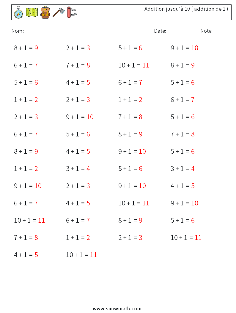 (50) Addition jusqu'à 10 ( addition de 1 ) Fiches d'Exercices de Mathématiques 8 Question, Réponse