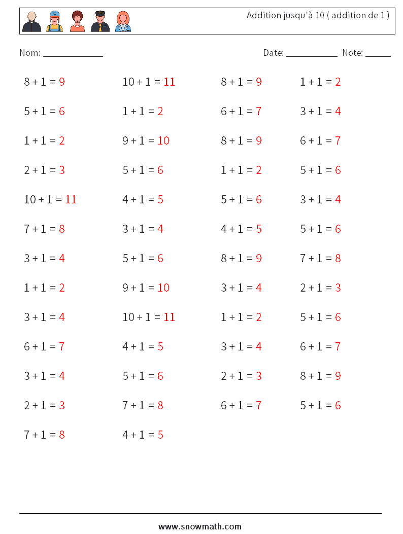 (50) Addition jusqu'à 10 ( addition de 1 ) Fiches d'Exercices de Mathématiques 9 Question, Réponse