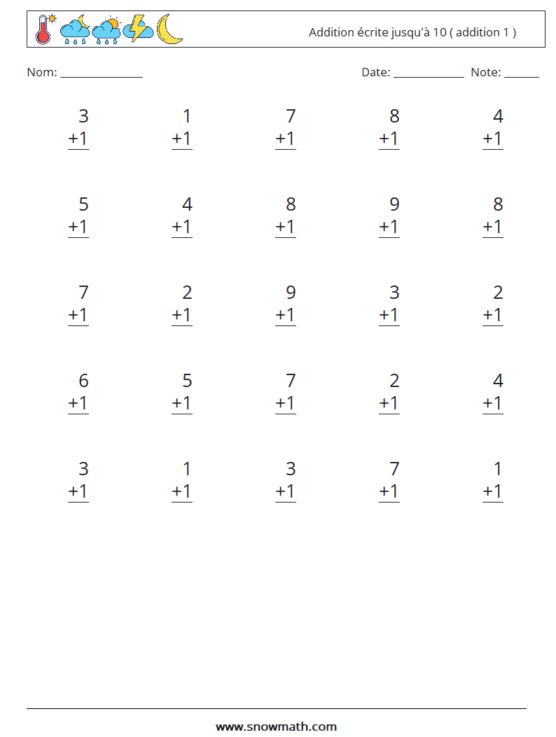 (25) Addition écrite jusqu'à 10 ( addition 1 ) Fiches d'Exercices de Mathématiques 1