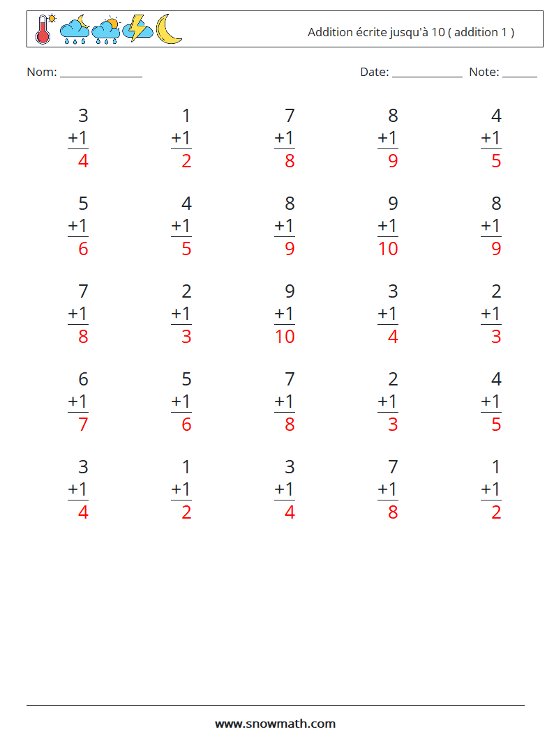 (25) Addition écrite jusqu'à 10 ( addition 1 ) Fiches d'Exercices de Mathématiques 1 Question, Réponse