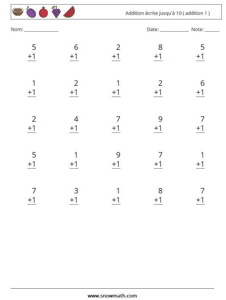 (25) Addition écrite jusqu'à 10 ( addition 1 ) Fiches d'Exercices de Mathématiques 2