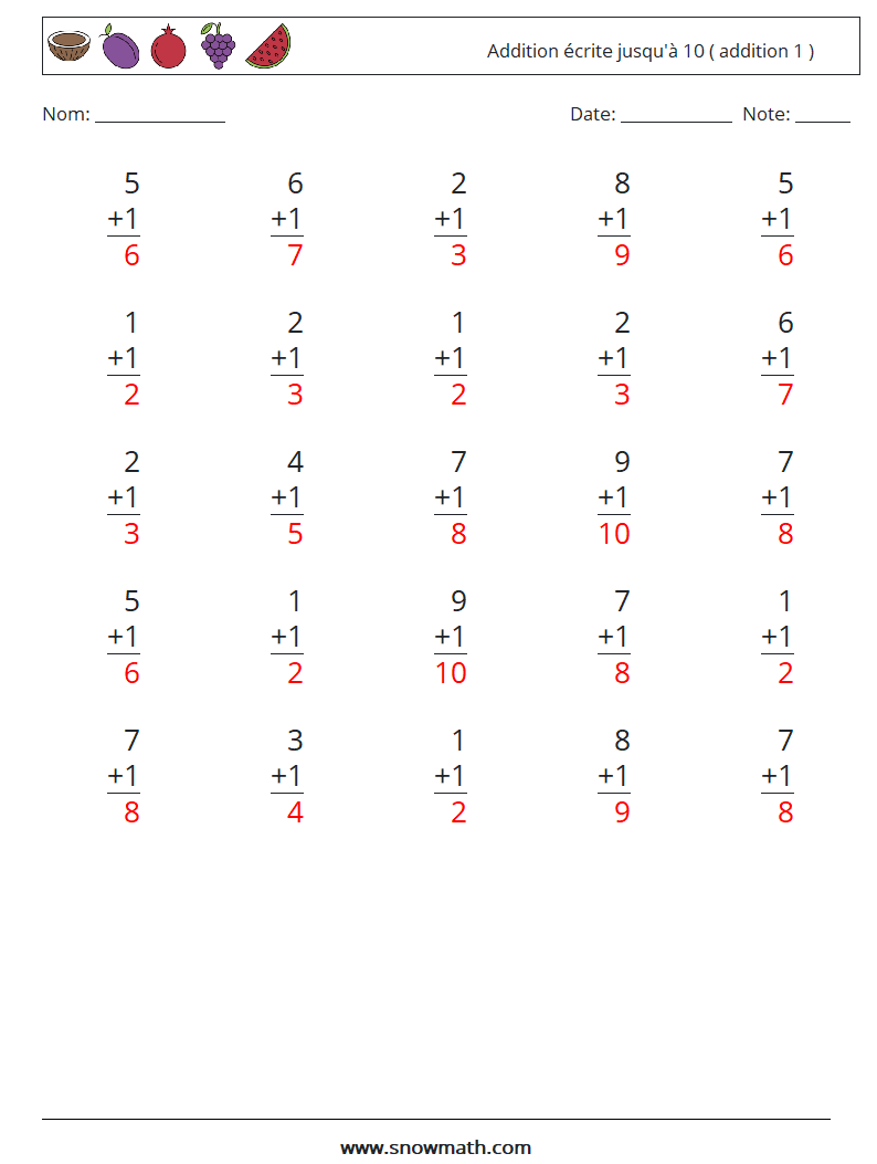 (25) Addition écrite jusqu'à 10 ( addition 1 ) Fiches d'Exercices de Mathématiques 2 Question, Réponse