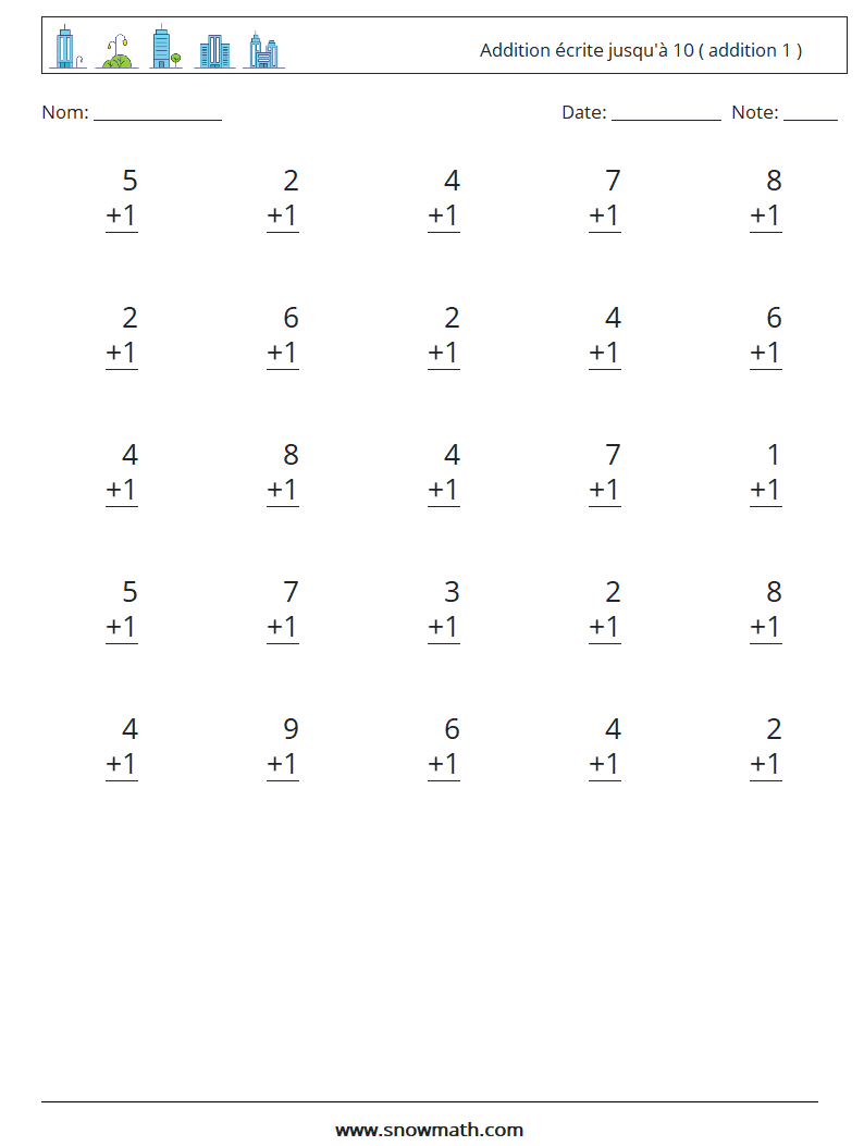 (25) Addition écrite jusqu'à 10 ( addition 1 ) Fiches d'Exercices de Mathématiques 3