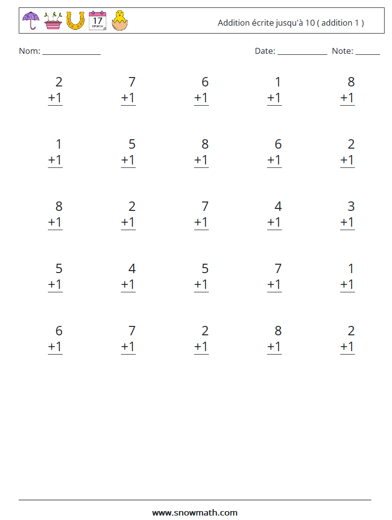 (25) Addition écrite jusqu'à 10 ( addition 1 ) Fiches d'Exercices de Mathématiques 4