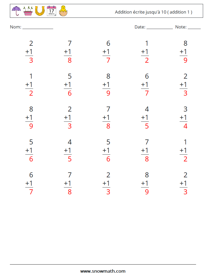(25) Addition écrite jusqu'à 10 ( addition 1 ) Fiches d'Exercices de Mathématiques 4 Question, Réponse