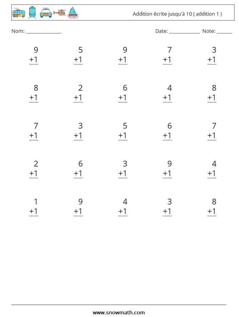 (25) Addition écrite jusqu'à 10 ( addition 1 ) Fiches d'Exercices de Mathématiques 5