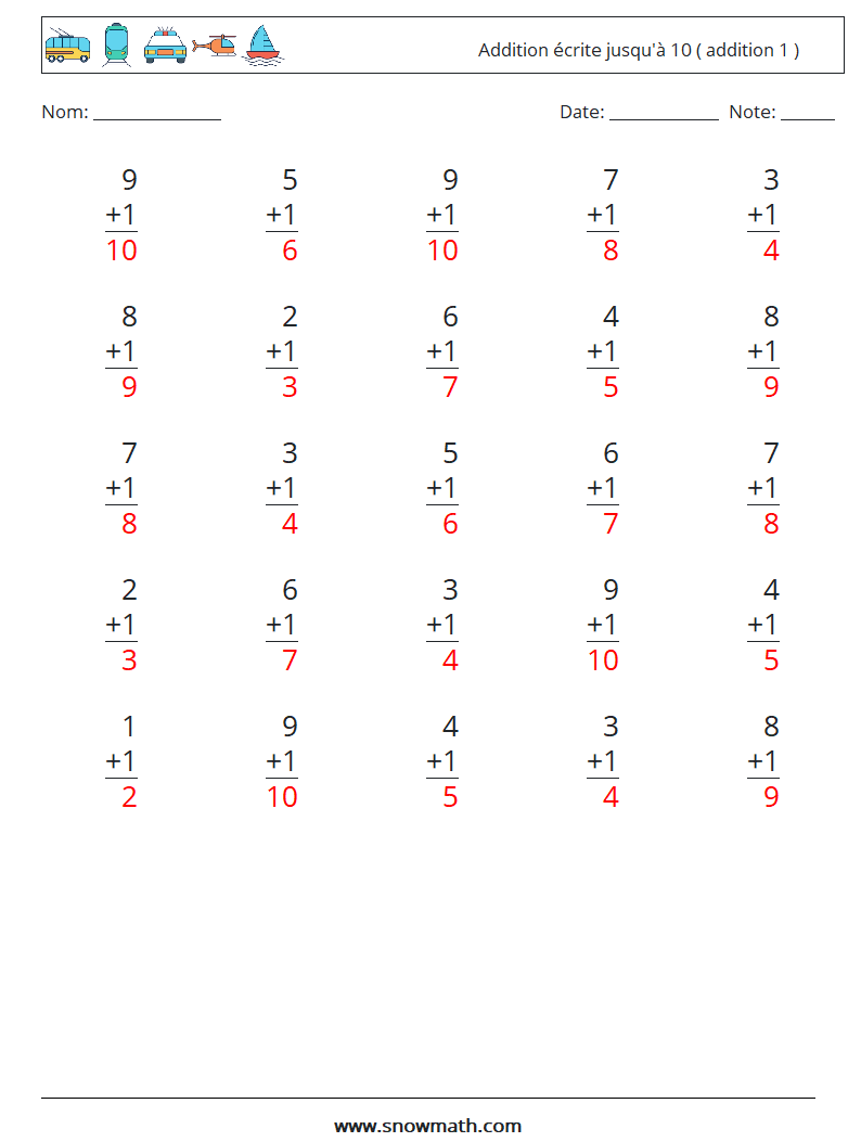 (25) Addition écrite jusqu'à 10 ( addition 1 ) Fiches d'Exercices de Mathématiques 5 Question, Réponse