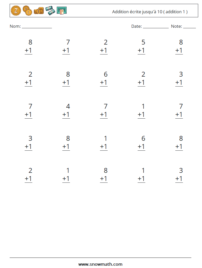 (25) Addition écrite jusqu'à 10 ( addition 1 ) Fiches d'Exercices de Mathématiques 6