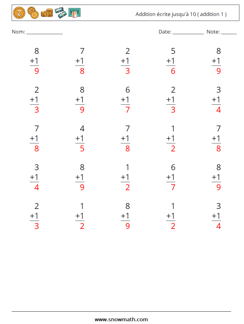 (25) Addition écrite jusqu'à 10 ( addition 1 ) Fiches d'Exercices de Mathématiques 6 Question, Réponse