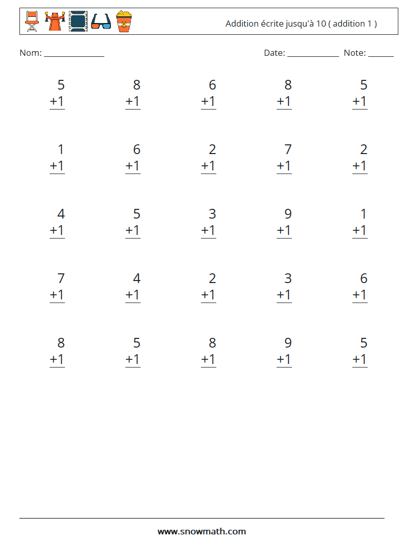 (25) Addition écrite jusqu'à 10 ( addition 1 ) Fiches d'Exercices de Mathématiques 8