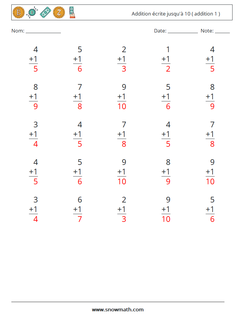 (25) Addition écrite jusqu'à 10 ( addition 1 ) Fiches d'Exercices de Mathématiques 9 Question, Réponse