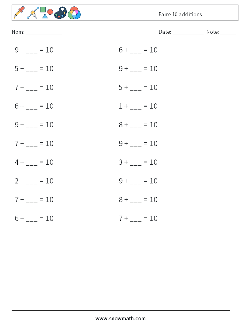 (20) Faire 10 additions Fiches d'Exercices de Mathématiques 1