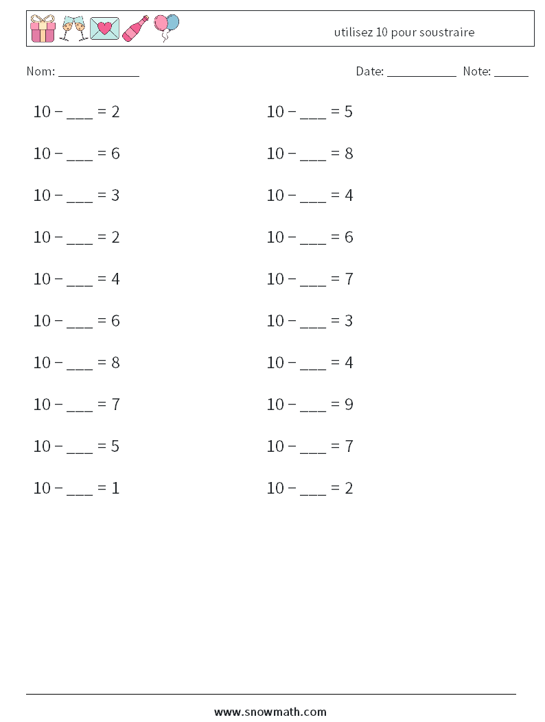 (20) utilisez 10 pour soustraire Fiches d'Exercices de Mathématiques 1