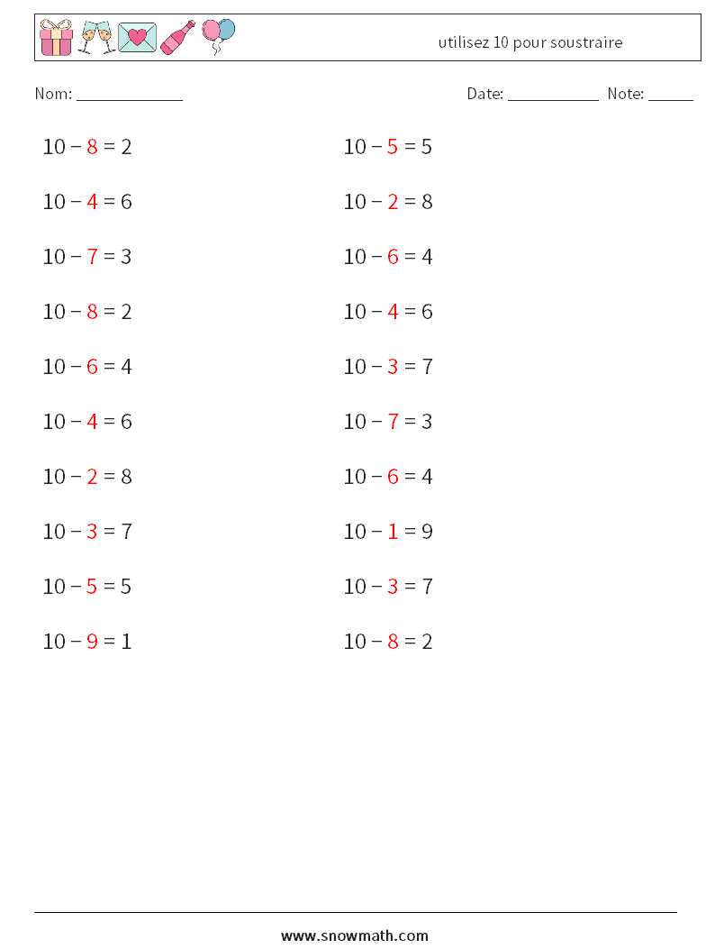 (20) utilisez 10 pour soustraire Fiches d'Exercices de Mathématiques 1 Question, Réponse