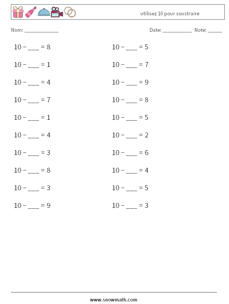 (20) utilisez 10 pour soustraire Fiches d'Exercices de Mathématiques 2