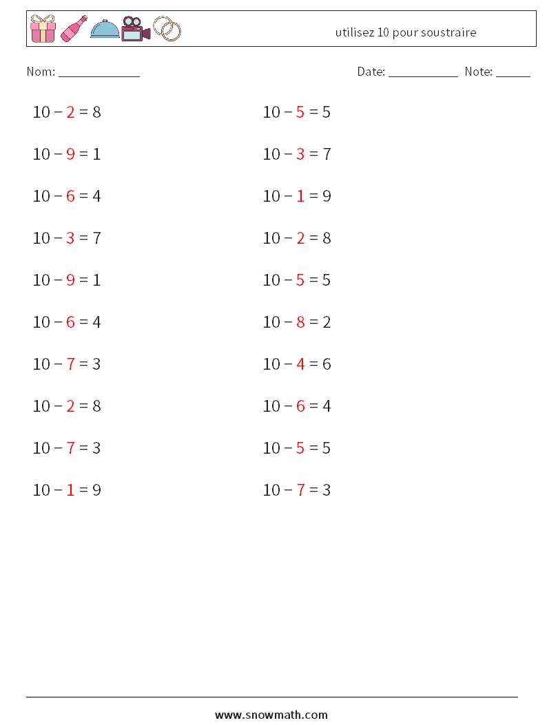(20) utilisez 10 pour soustraire Fiches d'Exercices de Mathématiques 2 Question, Réponse