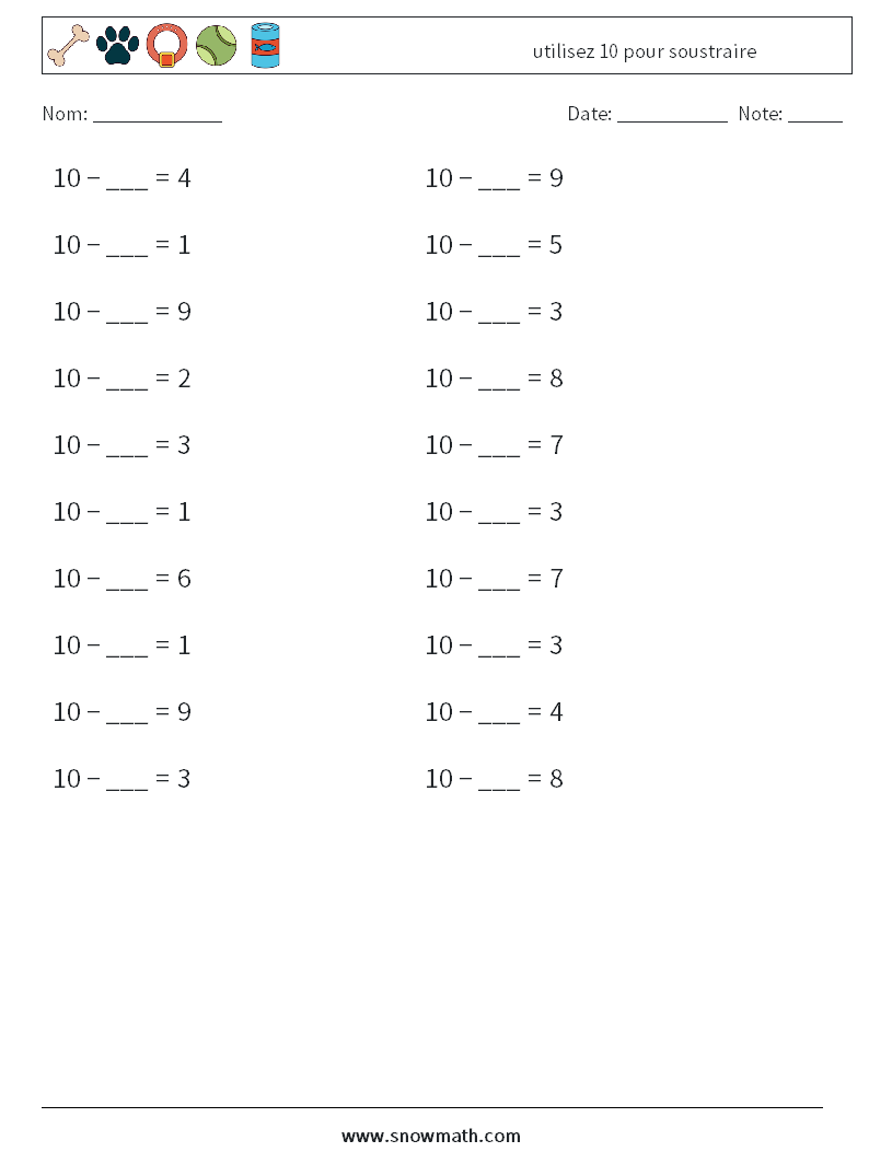 (20) utilisez 10 pour soustraire Fiches d'Exercices de Mathématiques 3