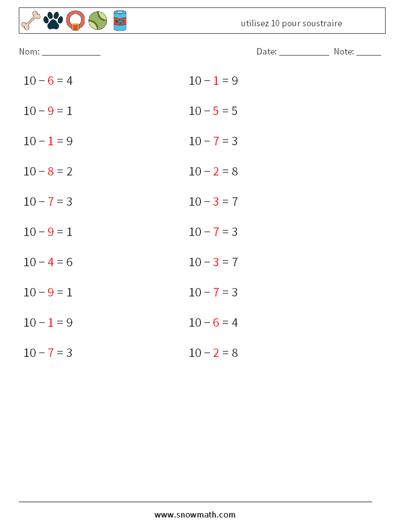 (20) utilisez 10 pour soustraire Fiches d'Exercices de Mathématiques 3 Question, Réponse