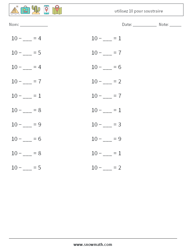 (20) utilisez 10 pour soustraire Fiches d'Exercices de Mathématiques 4