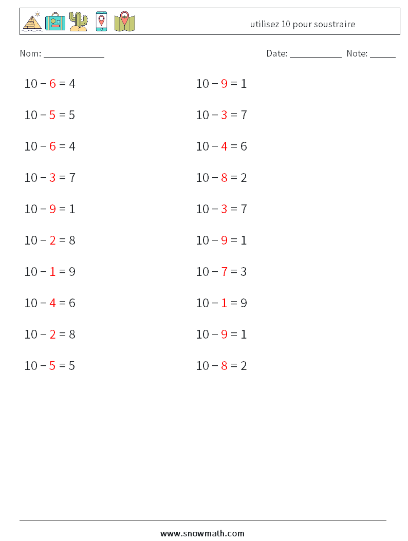 (20) utilisez 10 pour soustraire Fiches d'Exercices de Mathématiques 4 Question, Réponse