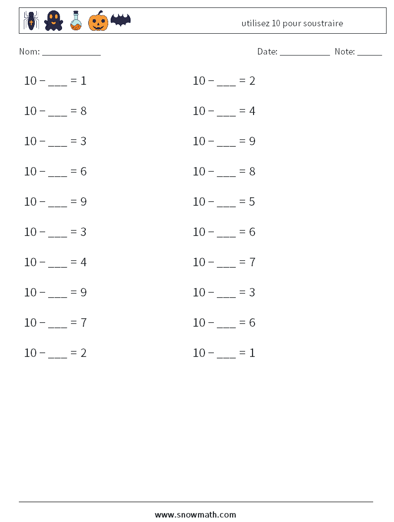 (20) utilisez 10 pour soustraire Fiches d'Exercices de Mathématiques 5