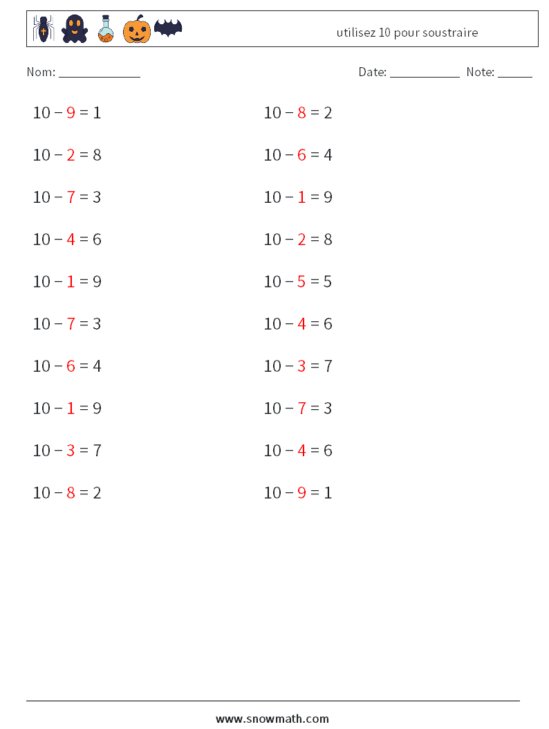 (20) utilisez 10 pour soustraire Fiches d'Exercices de Mathématiques 5 Question, Réponse