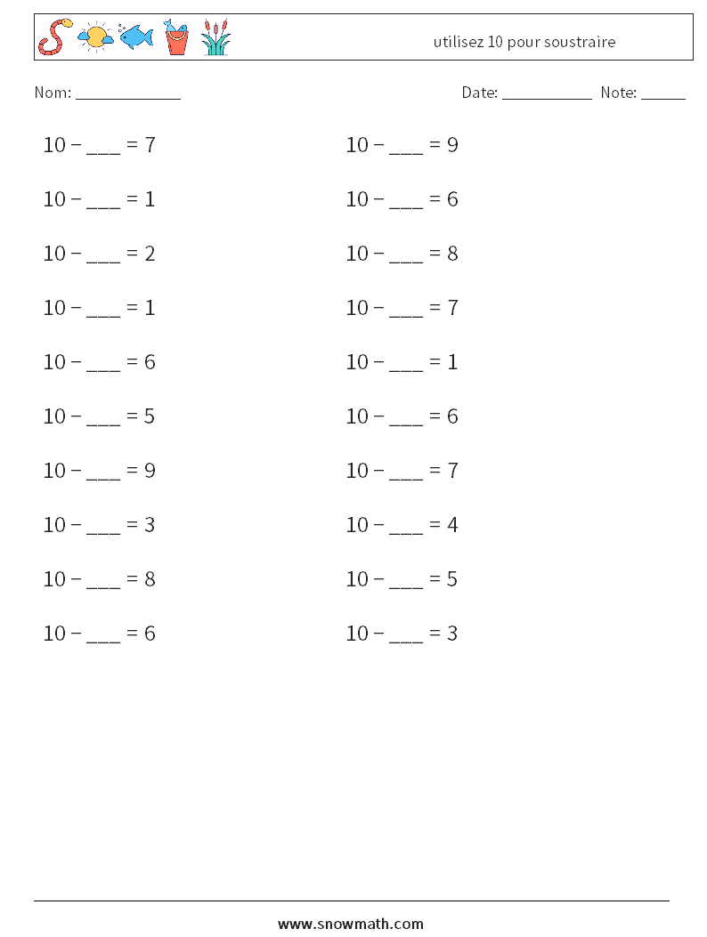 (20) utilisez 10 pour soustraire Fiches d'Exercices de Mathématiques 6