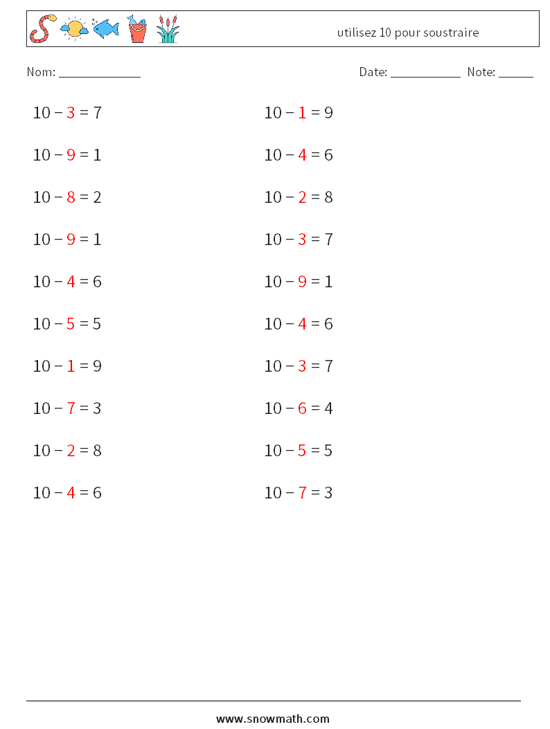 (20) utilisez 10 pour soustraire Fiches d'Exercices de Mathématiques 6 Question, Réponse