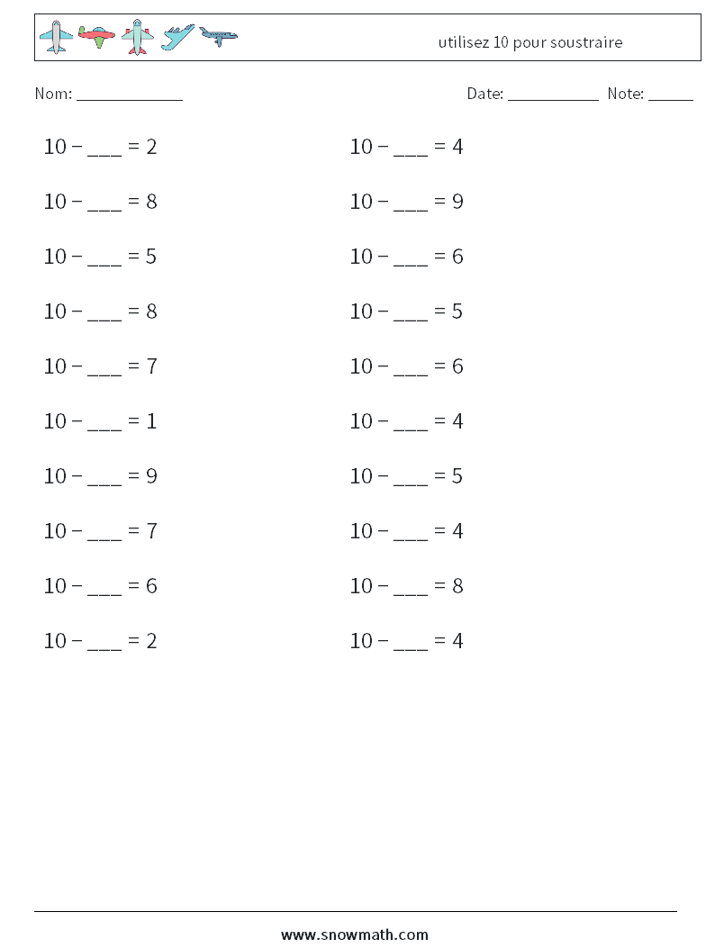 (20) utilisez 10 pour soustraire Fiches d'Exercices de Mathématiques 7