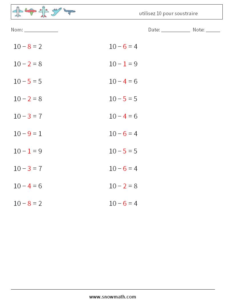 (20) utilisez 10 pour soustraire Fiches d'Exercices de Mathématiques 7 Question, Réponse
