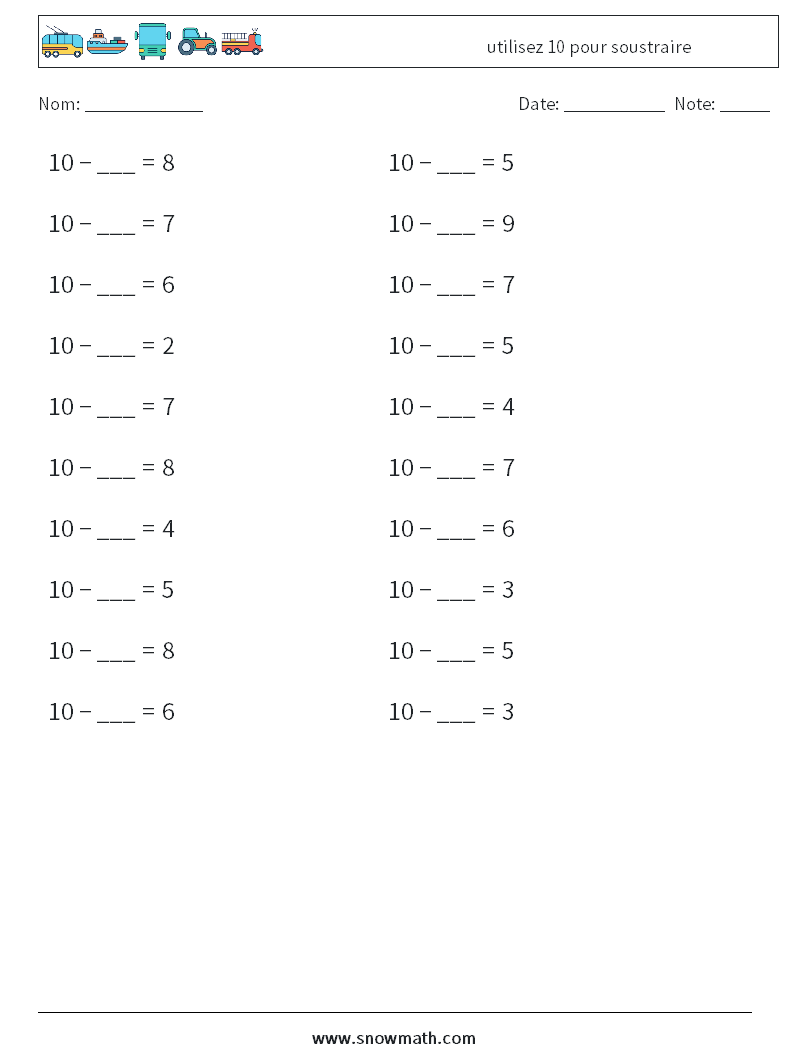 (20) utilisez 10 pour soustraire Fiches d'Exercices de Mathématiques 8