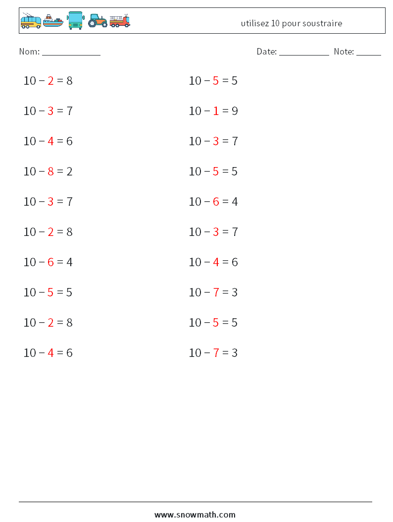 (20) utilisez 10 pour soustraire Fiches d'Exercices de Mathématiques 8 Question, Réponse