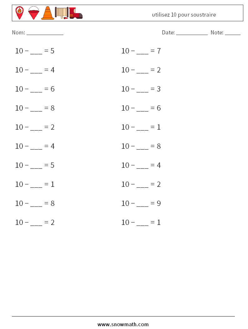 (20) utilisez 10 pour soustraire Fiches d'Exercices de Mathématiques 9