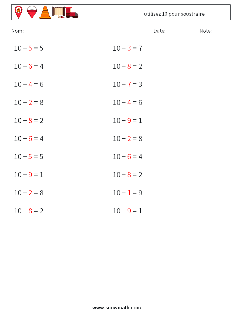 (20) utilisez 10 pour soustraire Fiches d'Exercices de Mathématiques 9 Question, Réponse
