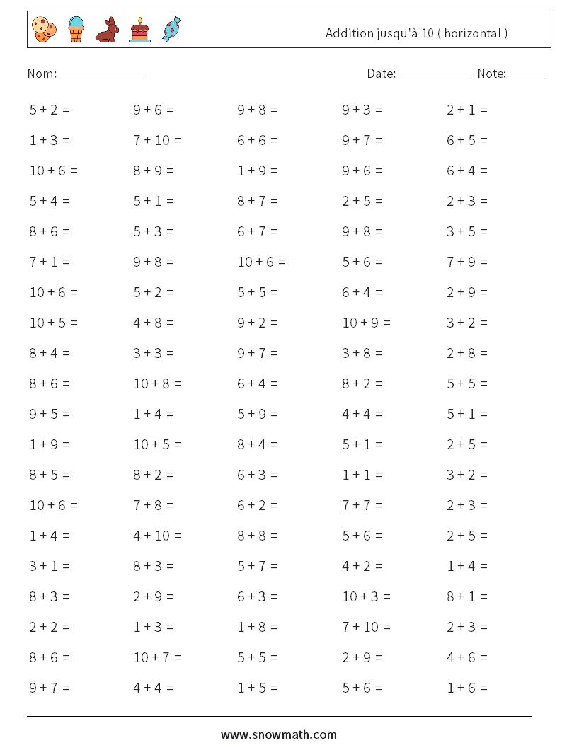 (100) Addition jusqu'à 10 ( horizontal ) Fiches d'Exercices de Mathématiques 1