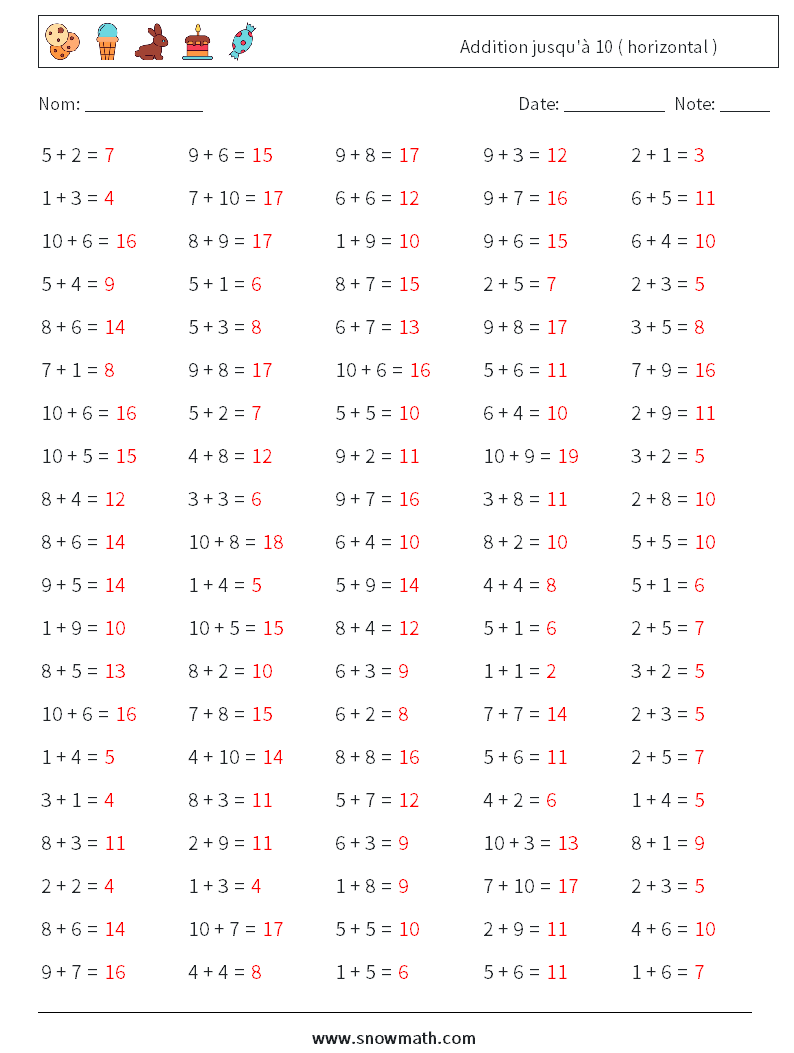 (100) Addition jusqu'à 10 ( horizontal ) Fiches d'Exercices de Mathématiques 1 Question, Réponse