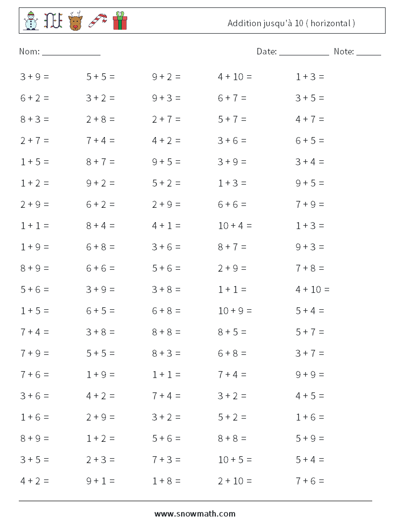 (100) Addition jusqu'à 10 ( horizontal ) Fiches d'Exercices de Mathématiques 3