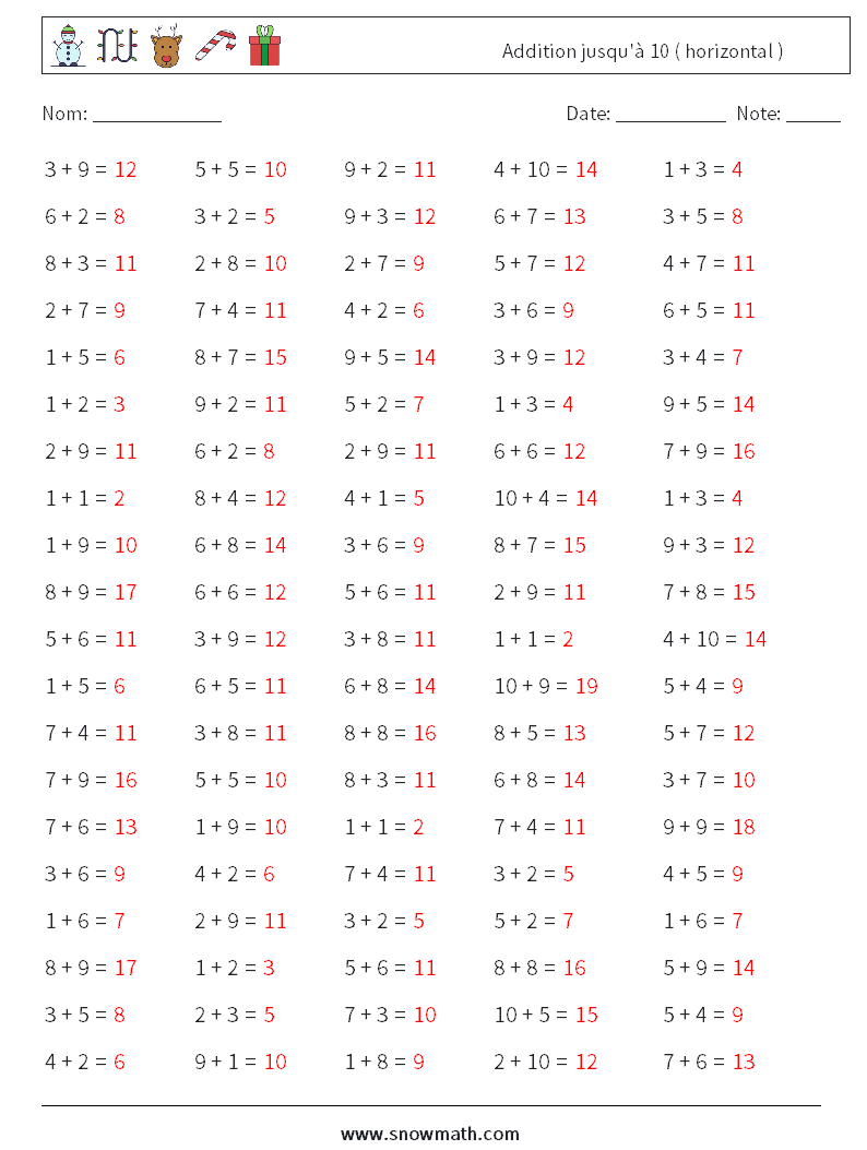 (100) Addition jusqu'à 10 ( horizontal ) Fiches d'Exercices de Mathématiques 3 Question, Réponse