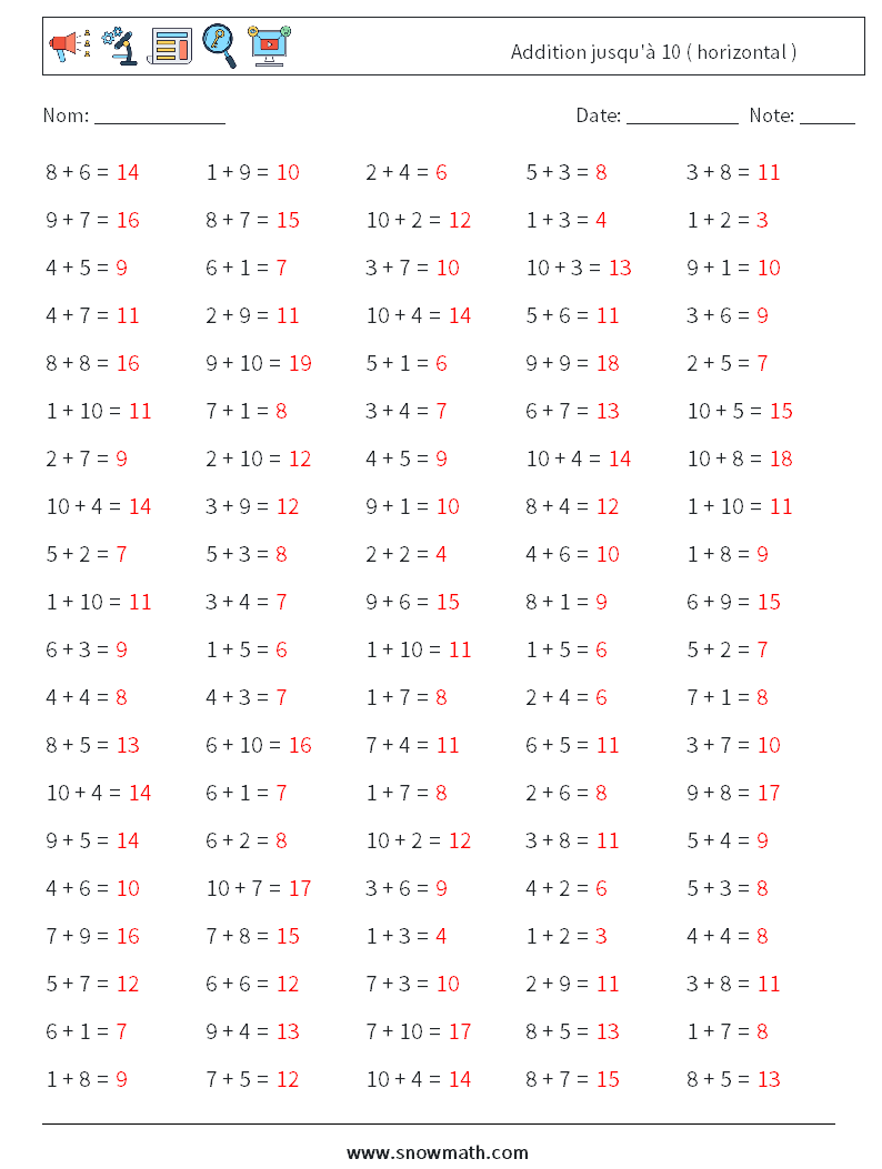 (100) Addition jusqu'à 10 ( horizontal ) Fiches d'Exercices de Mathématiques 4 Question, Réponse