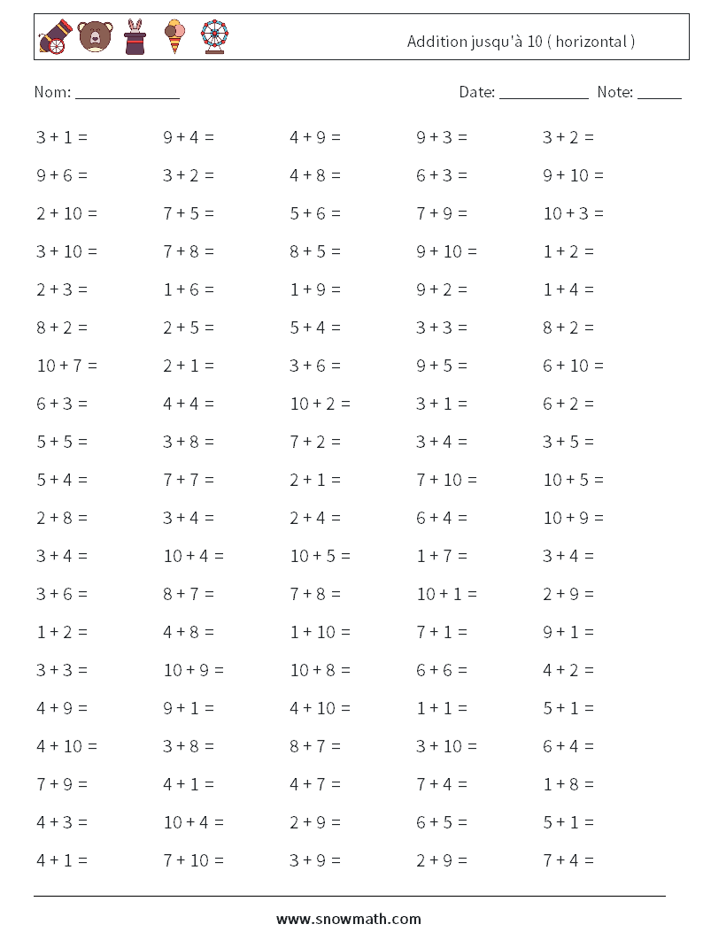 (100) Addition jusqu'à 10 ( horizontal ) Fiches d'Exercices de Mathématiques 6