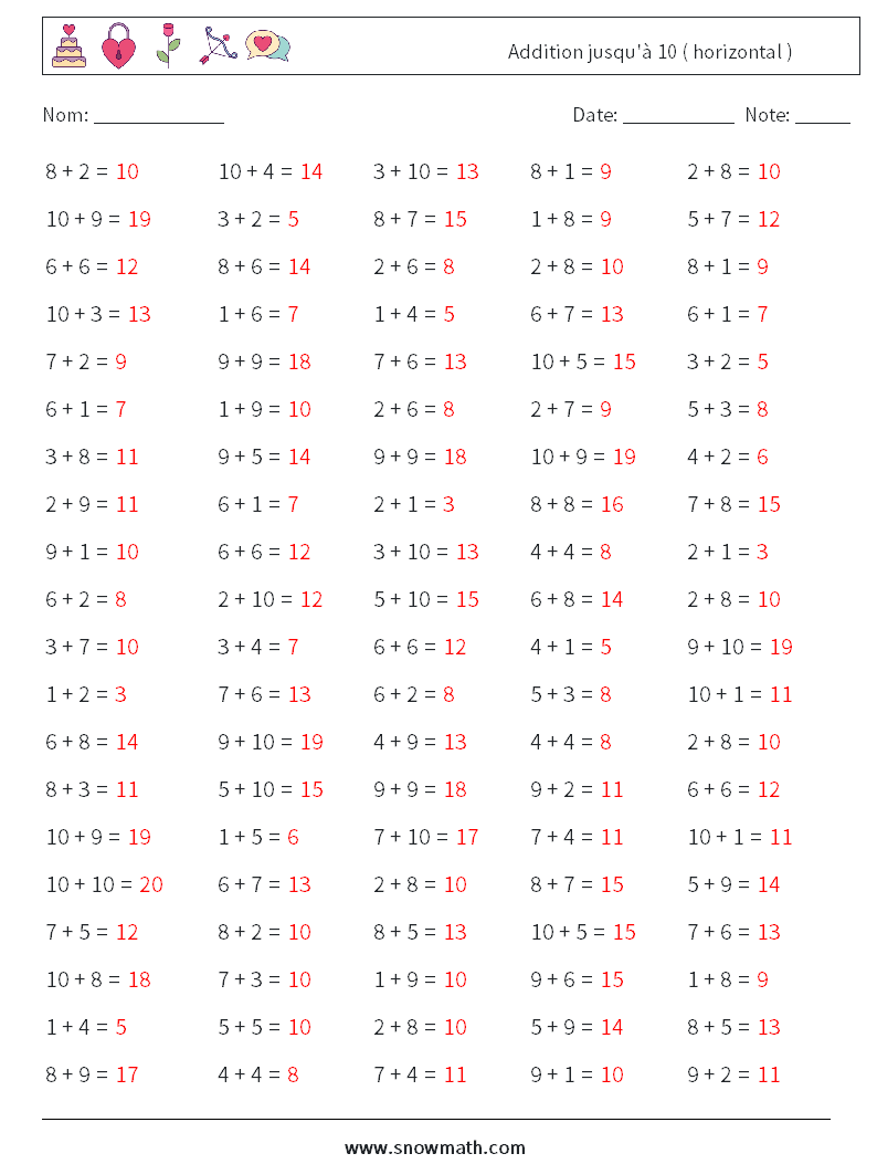 (100) Addition jusqu'à 10 ( horizontal ) Fiches d'Exercices de Mathématiques 7 Question, Réponse