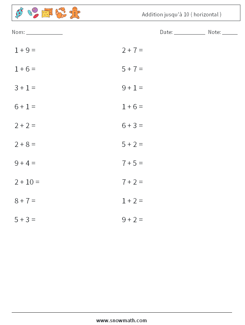 (20) Addition jusqu'à 10 ( horizontal ) Fiches d'Exercices de Mathématiques 1