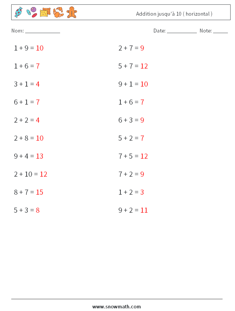 (20) Addition jusqu'à 10 ( horizontal ) Fiches d'Exercices de Mathématiques 1 Question, Réponse