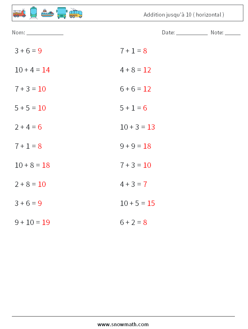 (20) Addition jusqu'à 10 ( horizontal ) Fiches d'Exercices de Mathématiques 2 Question, Réponse