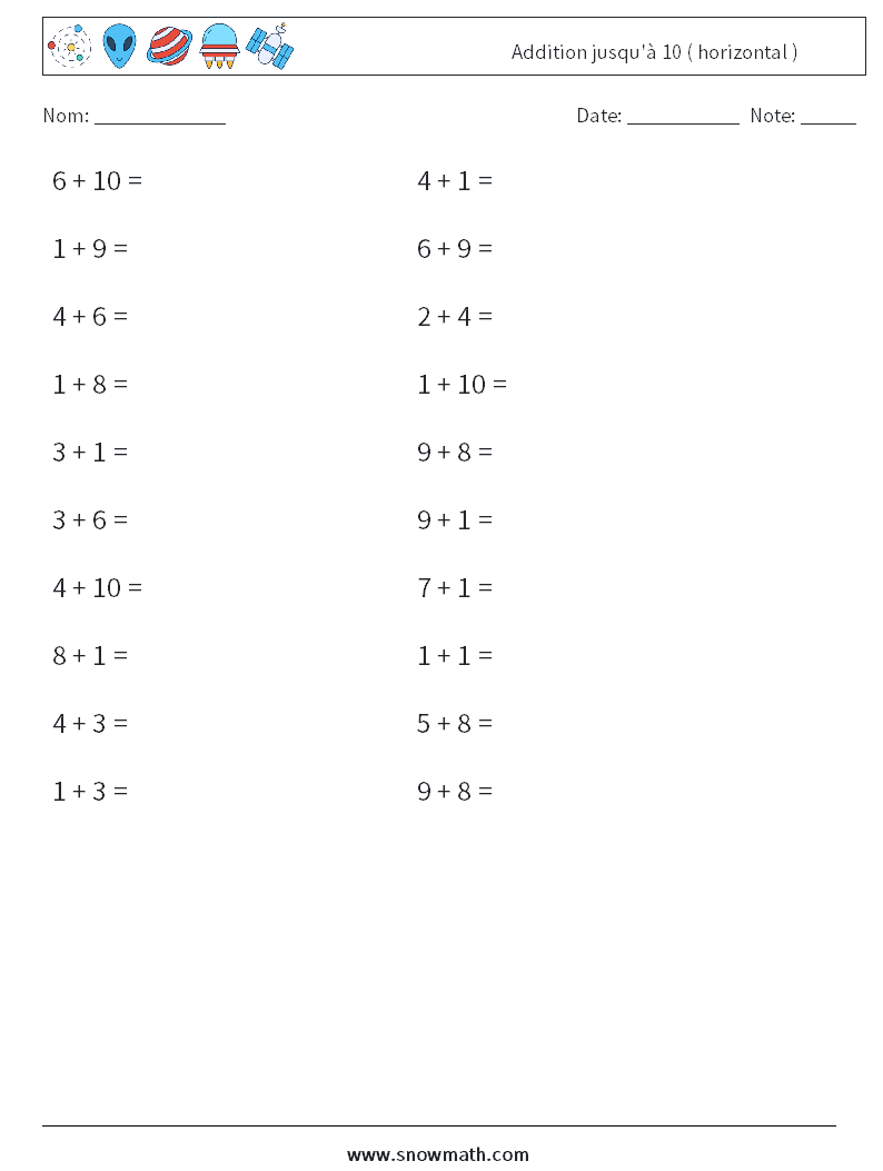 (20) Addition jusqu'à 10 ( horizontal ) Fiches d'Exercices de Mathématiques 3