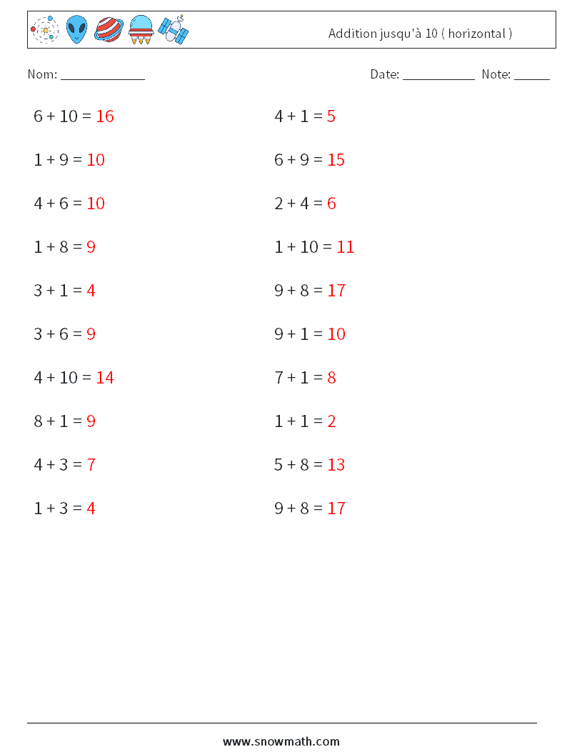 (20) Addition jusqu'à 10 ( horizontal ) Fiches d'Exercices de Mathématiques 3 Question, Réponse