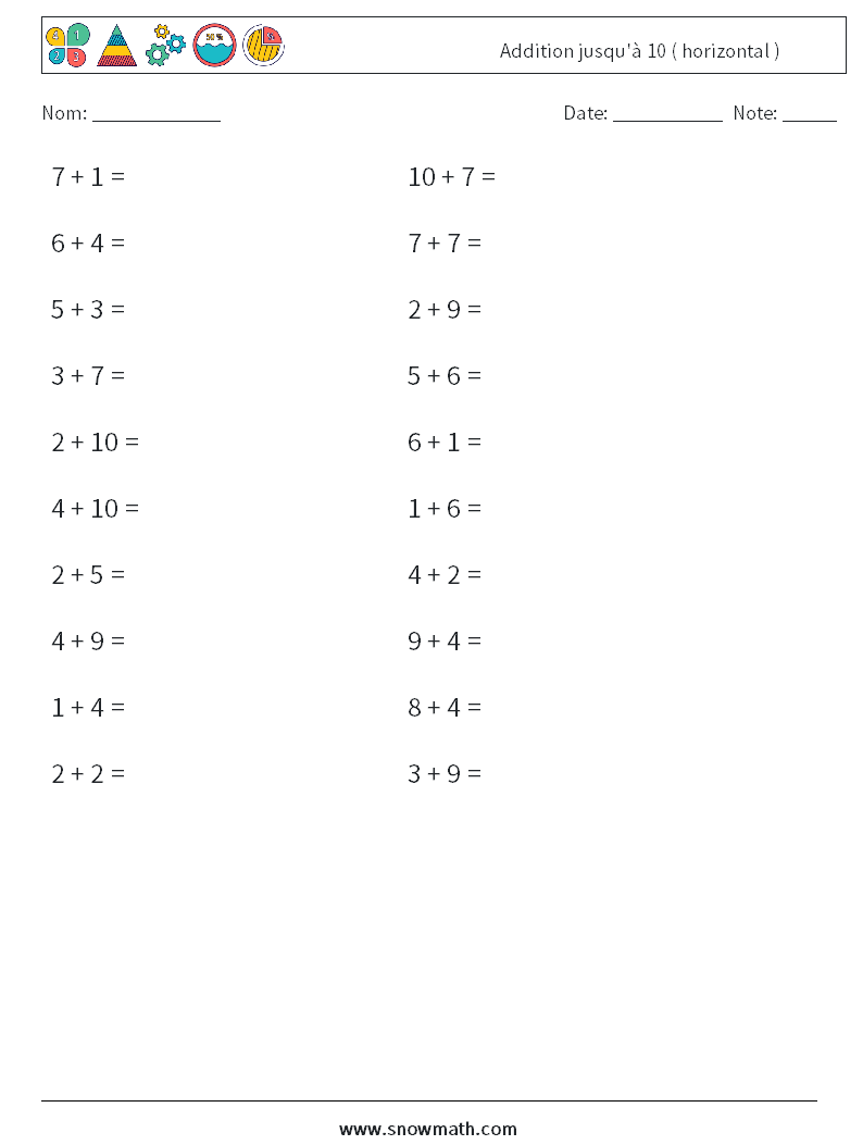 (20) Addition jusqu'à 10 ( horizontal ) Fiches d'Exercices de Mathématiques 4