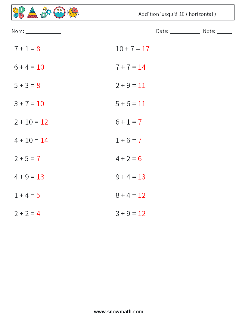 (20) Addition jusqu'à 10 ( horizontal ) Fiches d'Exercices de Mathématiques 4 Question, Réponse